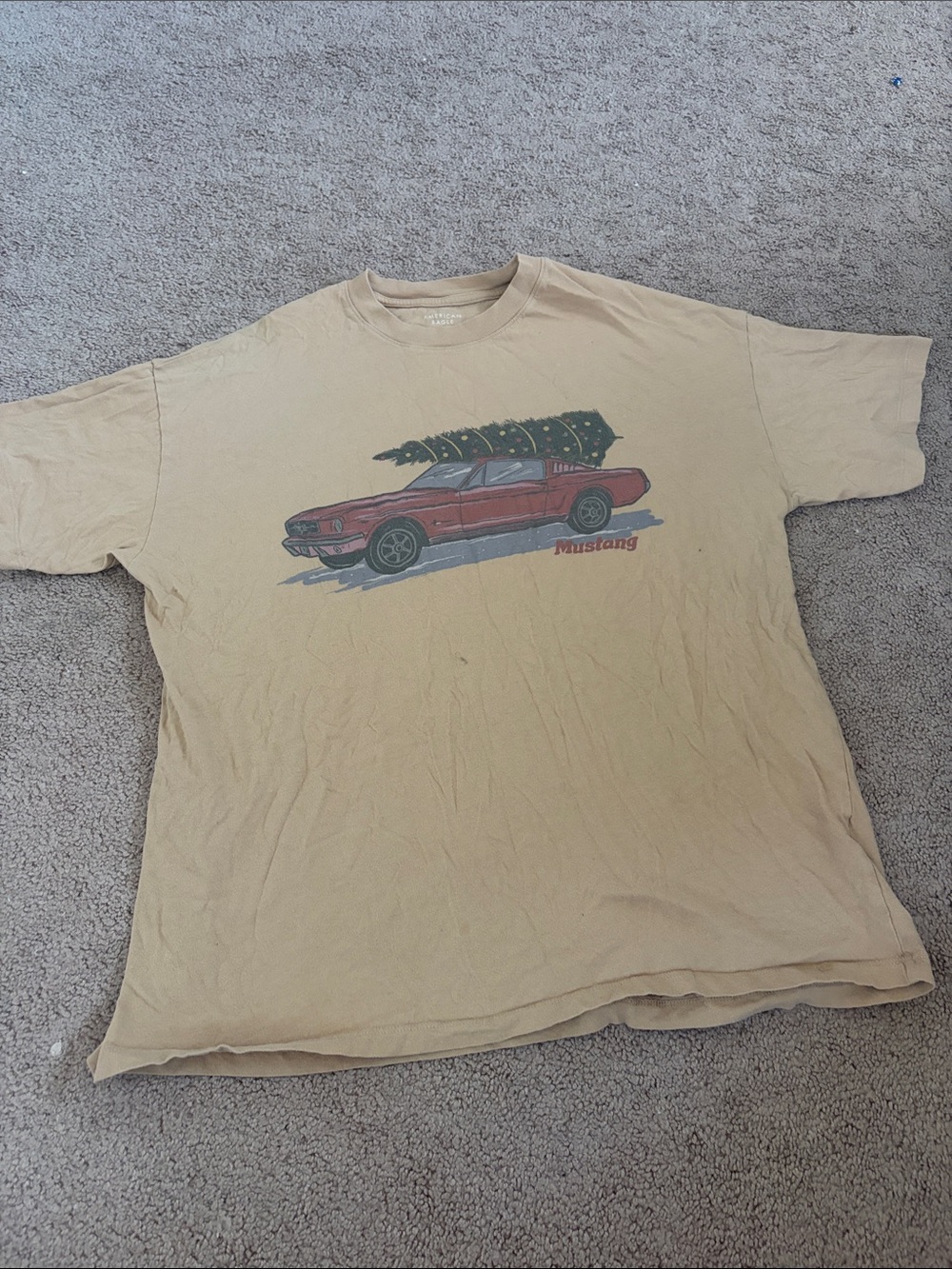 American Eagle Outfitters Tan Tee with Red Mustang Graphic
